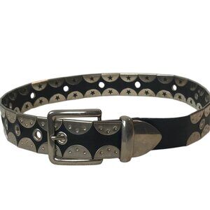 Black Leather Belt With Silver Coloured Flat Studs Statement Piece Size S